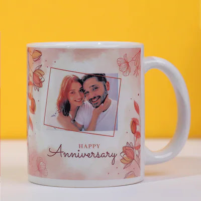 Flowers Design Happy Anniversary Text with Picture Mug MRzon - Amazing Gifts are Just Waiting for You!!